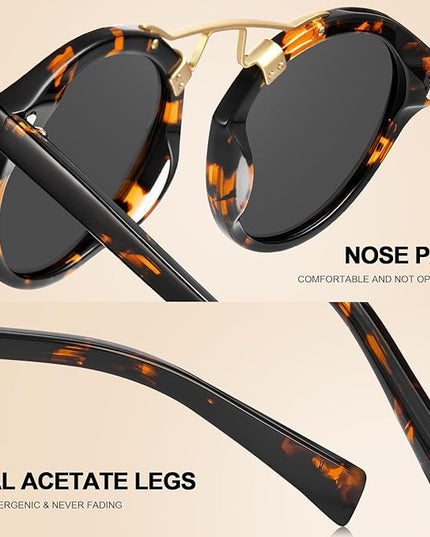 CARFIA Small Face Acetate Polarized Sunglasses for Women UV Protection, Retro Double Bridge Eyewears Metal Brow Round Sunnies