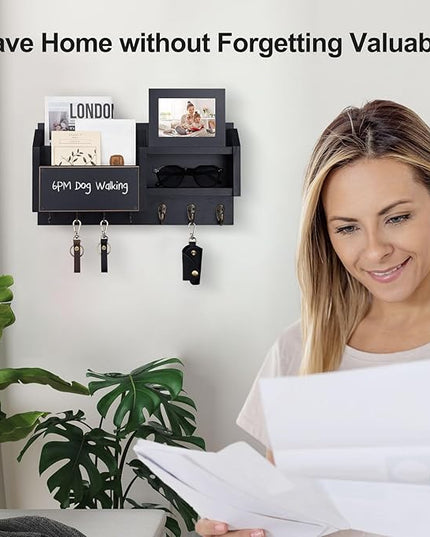 Lwenki Mail and Key Holder – Wall Mount Key Hanger with Shelf and 7 Metal Hooks – Decorative Natural Paulownia Wood Entryway Organizer with Mounting Hardware (16.5”W x 8.7”H x 3.5”D) (Black)