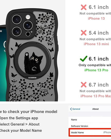 Wavy Case for iPhone 13 Pro Case with Stand [Compatible with MagSafe] Cute Black Cat & Floral & Butterflies Pattern Design, Kawaii 360 Magnetic Ring Kickstand Phone Cover for Women Girls