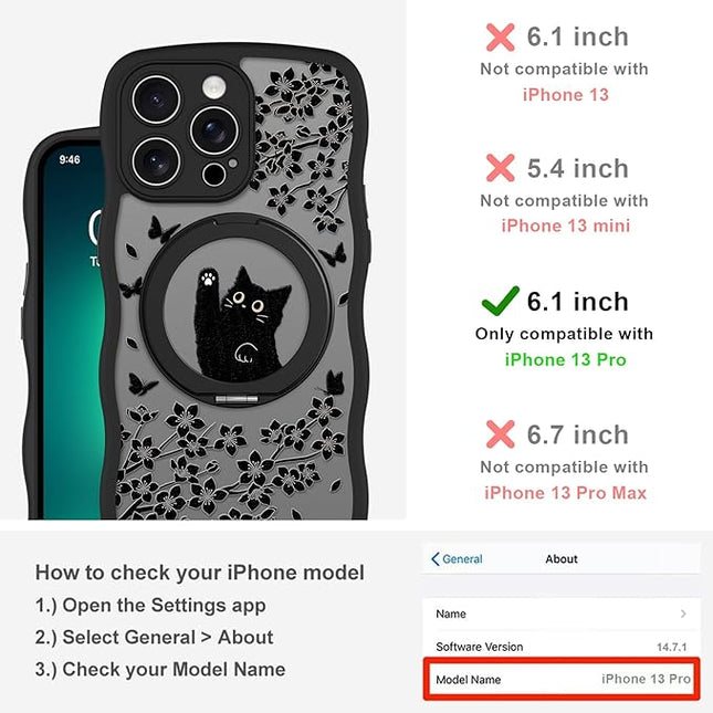 Wavy Case for iPhone 13 Pro Case with Stand [Compatible with MagSafe] Cute Black Cat & Floral & Butterflies Pattern Design, Kawaii 360 Magnetic Ring Kickstand Phone Cover for Women Girls