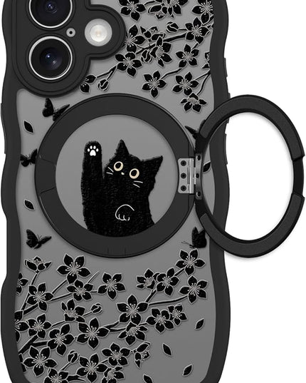 Wavy Case for iPhone 17 Case with Stand [Compatible with MagSafe] Cute Black Cat & Floral & Butterflies Pattern Design, Kawaii 360 Magnetic Ring Kickstand Phone Cover for Women Girls