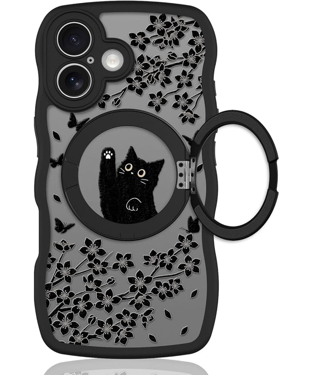 Wavy Case for iPhone 17 Case with Stand [Compatible with MagSafe] Cute Black Cat & Floral & Butterflies Pattern Design, Kawaii 360 Magnetic Ring Kickstand Phone Cover for Women Girls