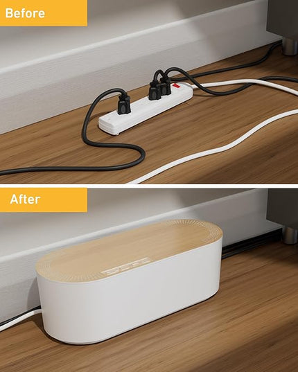 D-Line Cable Management Box, Power Strip Holder, Floor Outlet Hiders, Desk Cord Organizer, Cover TV Wires, Wire Storage, Extension Hider, Office Concealer for Cords - Large, Wood-Effect Lid