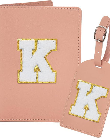 Initial Passport Cover Holder and Luggage tag Set,PU Leather Passport Case Travel Suitcase Tag with Letter Patch, Personalized Travel Luggage Accessories Gifts for Women Grils Teenage Pink Letter K