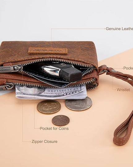 Montana West Wrangler Coin Purse for Women RFID-blocking Floral Embossed Change Pouch Wristlet Wallet Lightweight Portable Wallets Brown