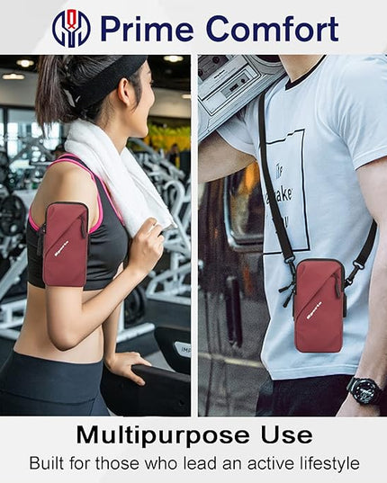 Cell Phone Holder, Small Crossbody Shoulder Holsters Bag with Arm Band, Fits iPhone and Android, Use for Running, Walking, Hiking & Biking (6.7 Inches, Red)