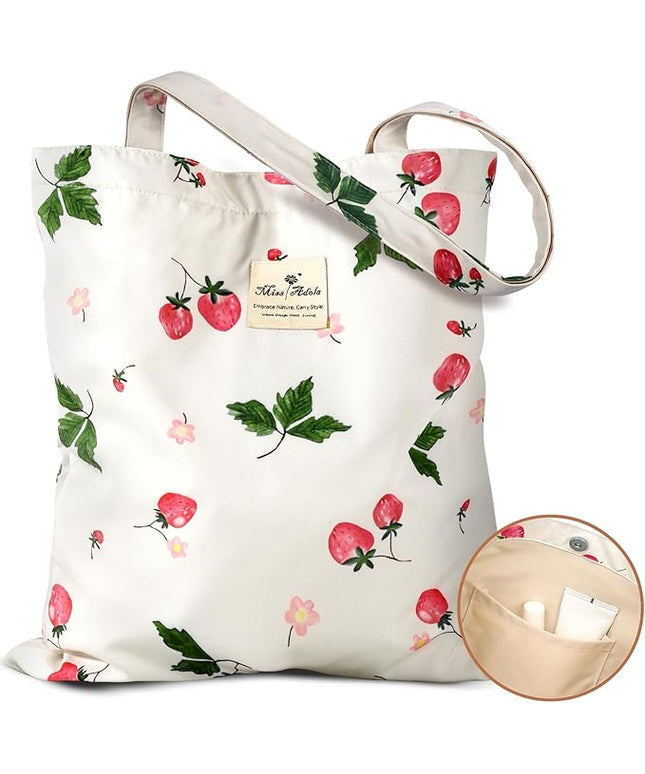 Aesthetic Cotton Tote Bag for Women - Reusable Shoulder Bag with Buckle Fabric Bag for Gym, Travel, Work