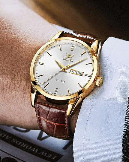 OLEVS Watches for Men Brown Leather Gold Case Analog Quartz Fashion Business Dress Watch Day Date Luminous Waterproof Casual Male Wrist Watches