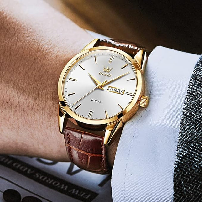 OLEVS Watches for Men Brown Leather Gold Case Analog Quartz Fashion Business Dress Watch Day Date Luminous Waterproof Casual Male Wrist Watches