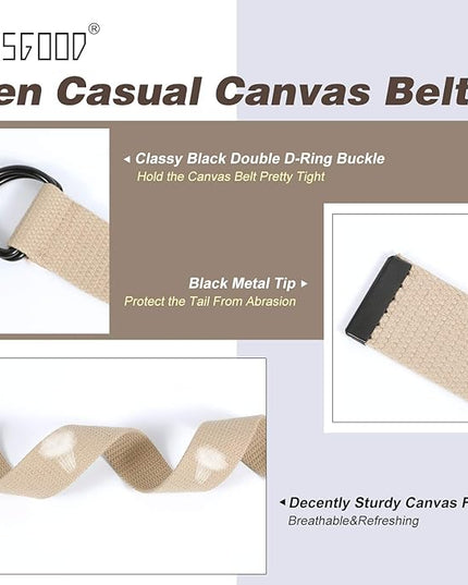 JASGOOD Men Canvas Belt Web Fabric Casual Belt with Black Double D-ring 1 1/2" Wide Set of 2