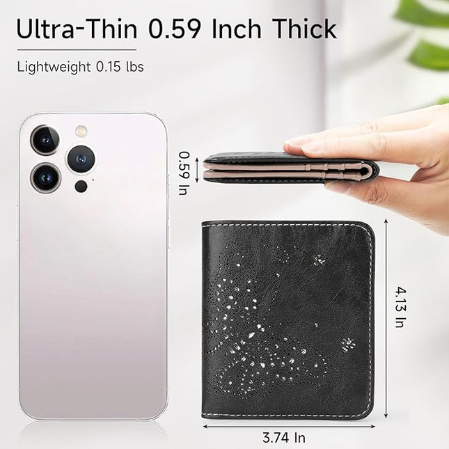 KITEVIUN Small RFID Wallet Women Ultra Thin Slim Womens Wallet Mini Compact Bifold Pocket Ladies Wallets for Women BLACK