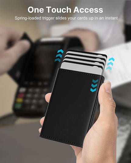 typecase Mens Wallet Card Holder: Pop Up Aluminum Case, Genuine Leather, Smart, RFID Blocking, Slim, Minimalist, Front Pocket - 9-14 Card Capacity | ID Window | Cash Slot (Deep Black)