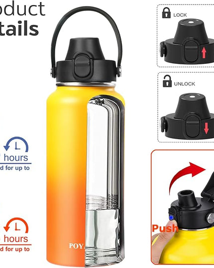 Water Bottle Insulated 32oz 40oz 64oz 128oz Straw Lid Spout Lid & 3 Lids, Leak Proof, Vacuum Insulated,Stainless Steel Water Bottle Wide Mouth for Sports, Gym or Office