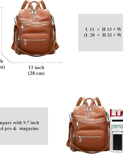 ALTOSY Genuine Leather Backpack Purse for Women Large Shoulder Bag With Laptop Compartment Multiple Pockets(S106 Brown)