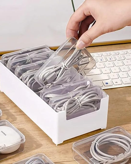 Cable Organizer Storage Box with 7 Wire Ties and Label Stickers,Desktop Cable Management Box with Switch, Power Cord Organizer for Office,Home,Desk Accessories Storage Stationery Supplies（Clear）
