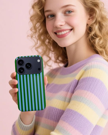 Magnetic for iPhone 17 Pro Max Case Cute Stripes Phone Case, Shockproof Slim TPU and Hard PC Protective Phone Cover Compatible with MagSafe Designed for Women Girls, Green and Blue