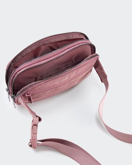 Pander Everywhere Belt Bag for Women, 5 Zipper Pockets Nylon Crossbody Fanny Pack Purse (Dune Pink)