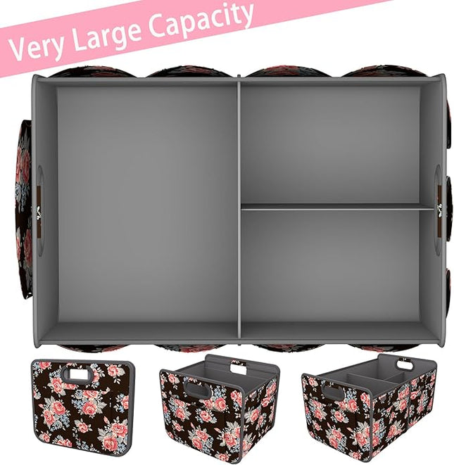 Homeve Trunk Organizer, Car Storage, Reinforced Handles, Collapsible Multi-Compartment, Foldable, Waterproof, Sturdy, 600D Oxford Polyester For Car, SUV, Mini-Van, Peony, 2 Compart