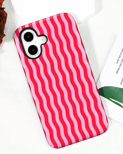Magnetic for iPhone 17 Case Cute Wavy Stripes Phone Case, Shockproof Slim TPU and Hard PC Protective Phone Cover Compatible with MagSafe Designed for Women Girls, Red