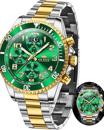 OLEVS Mens Watches Chronograph Watch Luxury Dress Stainless Steel Waterproof Watches for Men Moon Phase Luminous Business Calendar Wrist Watch Blue/Black/Green/Gold/Face