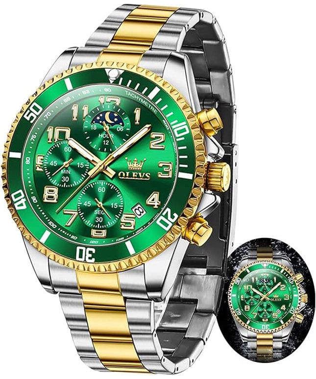 OLEVS Mens Watches Chronograph Watch Luxury Dress Stainless Steel Waterproof Watches for Men Moon Phase Luminous Business Calendar Wrist Watch Blue/Black/Green/Gold/Face
