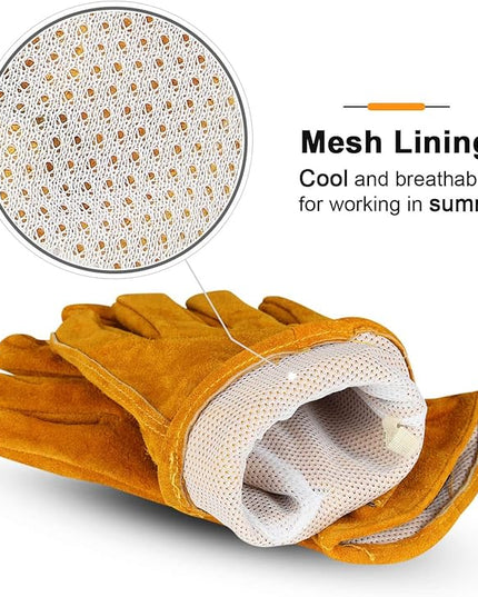 OZERO Leather Work Gloves Flex Grip Tough Cowhide Gardening Glove for Men and Women (Large, Gold With Mesh Linning)