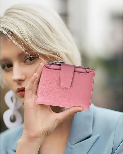 FALAN MULE Women's Genuine Leather Wallet, Compact Size, RFID Blocking, 14 Slots, 2 Zippered Pockets, 2 Bill Compartments, Includes Coin Pouch, Card Holders, AY-Lichee Pink