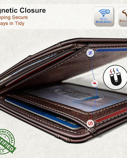 BULLIANT Men Wallet,Slim Leather Wallet Money Clip Magnetic Closure Simplifed Bill Folder 10Cards RFID Blocking 4.3"×3"