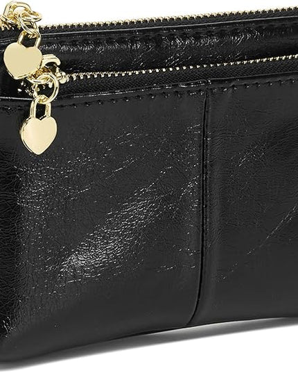 ZOOEASS Women PU Leather Zip Mini Coin Purse With Key Ring Triple Zipper Card Holder Wallet(Black)