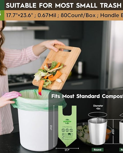 2.6-3 Gallon Compostable Trash Bags with Handles 80 Count 0.67 Mil 11.36 L Small Kitchen Wet Food Scrap Waste Compost Bag for Countertop Bin ASTM D6400 US BPI and OK Compost Home Certified