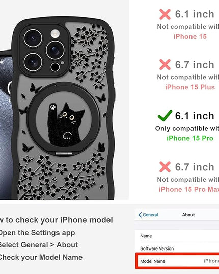 Wavy Case for iPhone 15 Pro Case with Stand [Compatible with MagSafe] Cute Black Cat & Floral & Butterflies Pattern Design, Kawaii 360 Magnetic Ring Kickstand Phone Cover for Women Girls