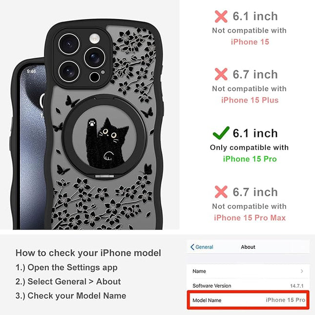 Wavy Case for iPhone 15 Pro Case with Stand [Compatible with MagSafe] Cute Black Cat & Floral & Butterflies Pattern Design, Kawaii 360 Magnetic Ring Kickstand Phone Cover for Women Girls