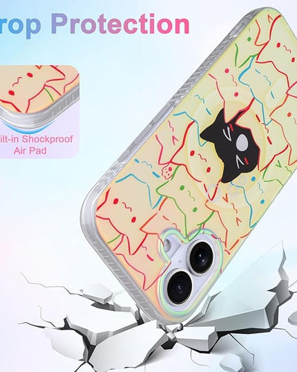 Cute Case for iPhone 17 Case for Women Girls Boys [ Compatible with Magsafe ] Iridescent and Black Cats Cat Pattern Design, Kawaii Colorful Animal Soft Bumper Protective Phone Cover