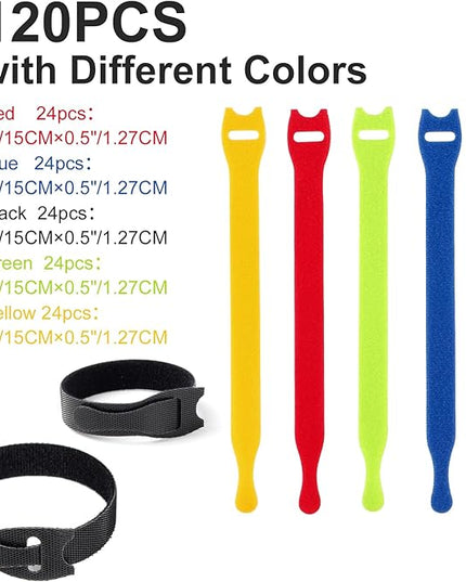 OneLeaf 120PCS Cord Organizer 6in Cable Ties Reusable with Hook and Loop, Colorful Fastening Cord Ties Wire Management for Home, Office, Data Centers, and Electronics, 5 colors