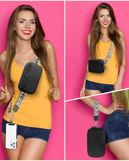 Clip and Go Strap for Phone with Wallet Crossbody, Adjustable Phone Lanyard with Detachable RFID Wristlet Wallet, Pattern Strap - Black (L)