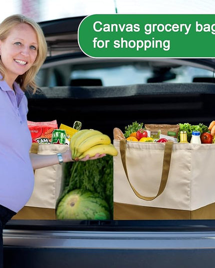 3 Pack Canvas Reusable Grocery Bags Heavy Duty, 8.3 gal Foldable Large Tote Bag with Handles, Holds 60 lbs Canvas Shopping Bags & Washable Eco-friendly Bags with 5 Pockets, camel+Off white