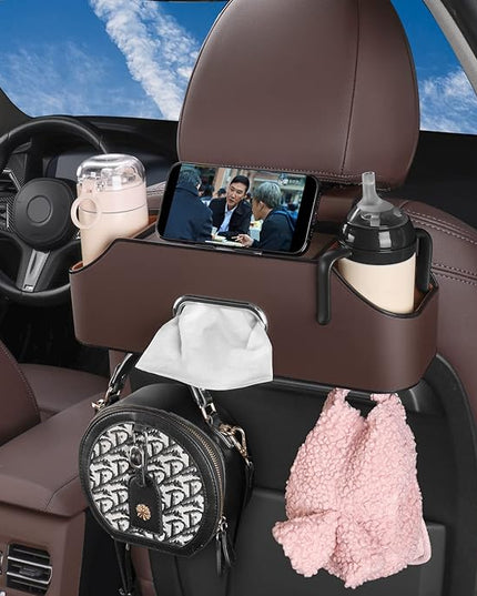 HOLDCY Car Back Seat Organizer with 2 Drink Cup Holder - Tissue Box and Storage Box Hook - Multi-functional Storage - Great for Kids and Travel (Brown)
