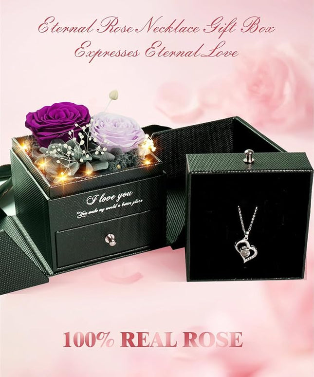 Birthday Gifts for Women, Preserved Real Roses with Heart Necklace I Love You in 100 Languages, Anniversary Wedding Gifts for Women Her Girlfriend Wife, 2 Forever Roses Necklace Gift Box Purple