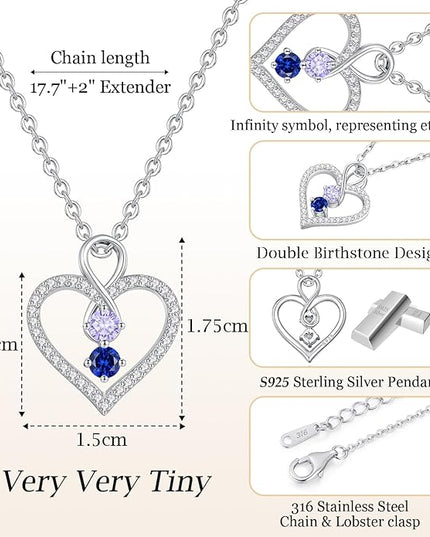 LOUISA SECRET Infinity Double Birthstone Necklace, 925 Sterling Silver Tiny Pendant Heart Necklace for Women Wife Her, Best Jewelry Gift Heart Jewelry Meaningful Gift for Valentine's Day, Christmas, Birthday Anniversary