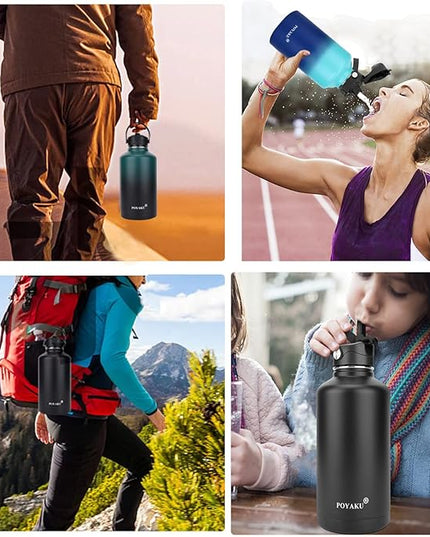 Water Bottle Insulated 32oz 40oz 64oz 128oz Straw Lid Spout Lid & 3 Lids, Leak Proof, Vacuum Insulated,Stainless Steel Water Bottle Wide Mouth for Sports, Gym or Office