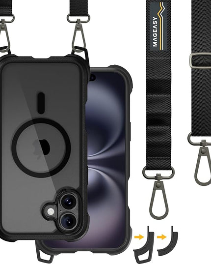 MAGEASY Designed for iPhone 16 Plus Case with Strap - 20ft Drop Protection, Compatible with MagSafe, Transformable Protective & Lanyard Case, Vegan Leather Frame | Odyssey Strap M (Leather Black)