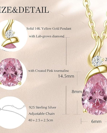 FANCIME 14K Solid Yellow Gold Birthstone Pendant Necklace for Women with Diamond Pear Shaped Teardrop Necklace Birthday Gifts for Mom Women Sterling Silver Chain 16" + 2" Extender