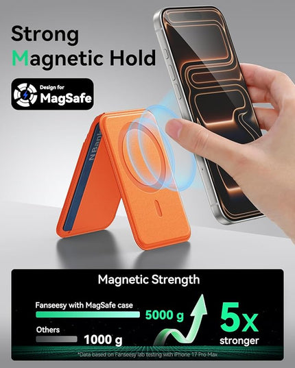 Fanseesy for MagSafe Wallet with Stand, 5 Card Holder, Slim Leather Magnetic Wallet for iPhone 17/16/15/14/13/12 Pro Max Plus Air Series, 3 Card Slots & 1 Cash Slot,Orange