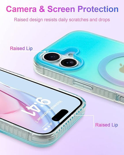 Aesthetic Case for iPhone 17 Case for Women Girls [Compatible with Magsafe] Cute Girly Trendy Glitter Sparkly Rainbow Magnetic Protective Phone Cover, Matte Iridescent Blue & Pink