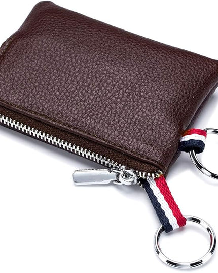 Plinvo Mini Genuine Leather Wallet Coin Purse with Dual Keyrings Compact Change Pouch and Card Holder for Men and Women (Coffee)