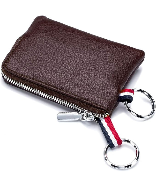 Plinvo Mini Genuine Leather Wallet Coin Purse with Dual Keyrings Compact Change Pouch and Card Holder for Men and Women (Coffee)