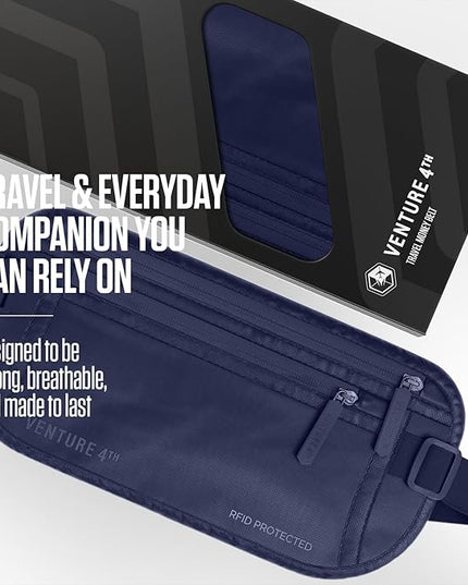 VENTURE 4TH Money Belt for Travel – Hidden Under-Clothes RFID Blocking Passport Holder & Slim Travel Wallet Pouch for Men & Women to Protect Cash, Cards & Documents (Sleek Navy Blue)