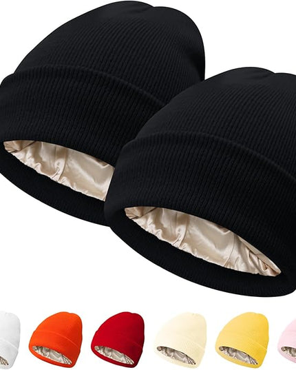 PFFY 2 Packs Womens Satin Lined Beanie Hat Silk Lining Winter Hats Beanies for Women Soft Slouchy Beanie Skull Cap