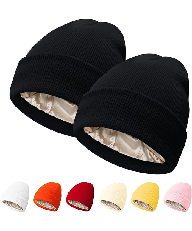 PFFY 2 Packs Womens Satin Lined Beanie Hat Silk Lining Winter Hats Beanies for Women Soft Slouchy Beanie Skull Cap