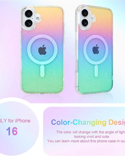 Glitter Case for iPhone 16 Case for Women Girls [ Compatible with Magsafe ] Clear Cute Girly Aesthetic Iridescent Rainbow Sparkly Bling Magnetic Phone Cover, Gradient Blue & Pink